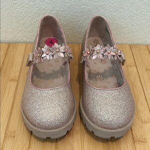 Glittery Pink Kids Shoes with Floral Strap